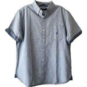 Nautica Mens Striped Shirt Size M Blue-Gray Solid Trim Pocket Embroidered Logo